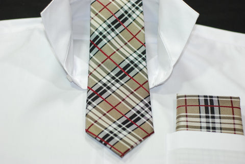 Silk Beige, Black & Red Plaid Necktie & Hanky Set