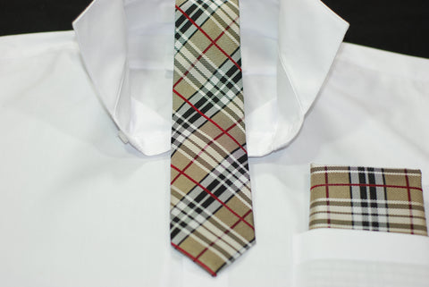 Silk Beige, Black & Red Plaid Skinny Tie & Hanky Set