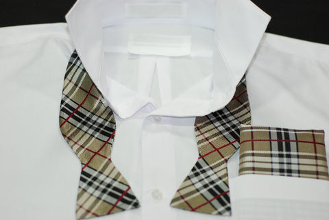 Silk Beige, BlackB & Red Plaid Bow tie