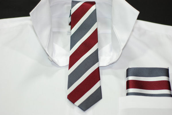 Silk Burgundy, Gray, & Silver Stripe Skinny Tie & Hanky Set