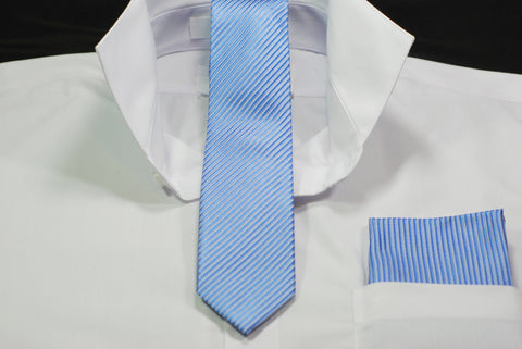Silk Blue & Silver Stripe Skinny Tie & Hanky Set