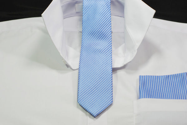 Silk Blue Solid/Stripe Skinny Tie & Hanky Set