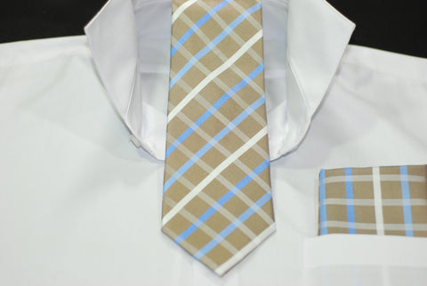 Silk Beige & Blue Plaid Necktie & Hanky Set