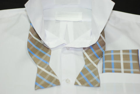 Silk Beige & Blue Plaid Bowtie