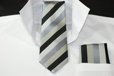 Silk Black, Gray & Silver Stripe Necktie & Hanky Set