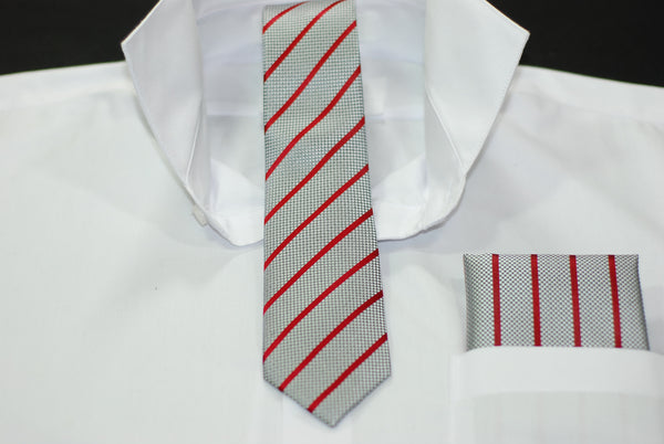 Silk Gray & Red Stripe Skinny Tie & Hanky Set
