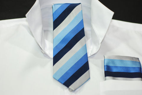 Silk Blue Black & Silver Stripe Necktie & Hanky Set