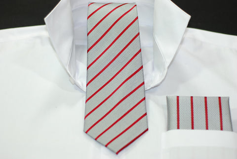Silk Gray & Red Stripe Necktie & Hanky Set