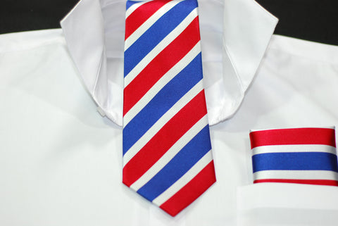 Silk Red, White & Blue Stripe Necktie & Hanky Set