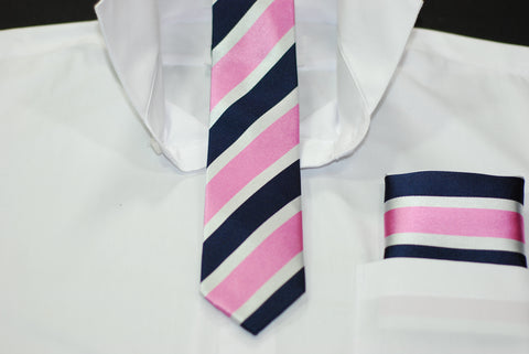 Silk Pink, Blue, Silver Stripe Skinny Tie & Hanky Set