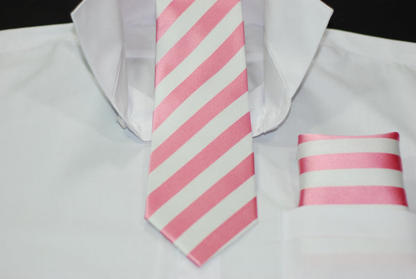 Silk Pink & White Stripe Necktie & Hanky Set