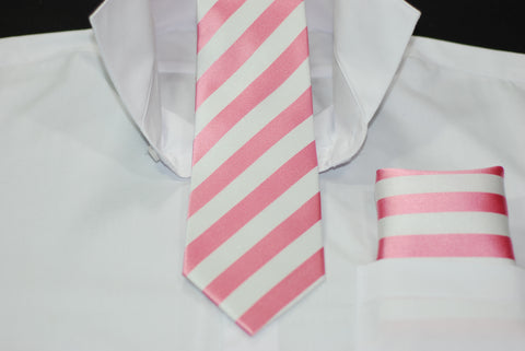 Silk Pink & White Stripe Necktie & Hanky Set