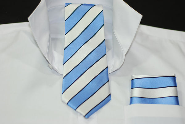 Silk Blue & White Stripe W Trim Necktie & Hanky Set
