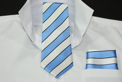 Silk Blue & White Stripe W Trim Necktie & Hanky Set