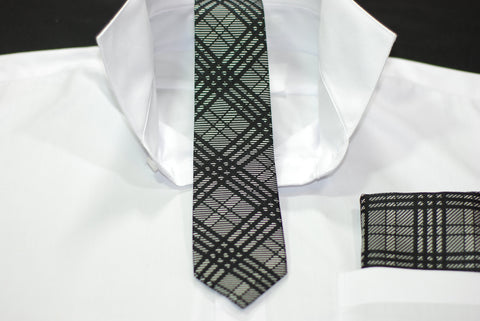 Silk Black & Silver Plaid Skinny Tie & Hanky Set