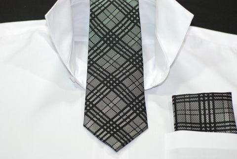 Silk Black & Silver Plaid Necktie & Hanky Set