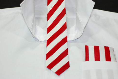 Silk Red & White Stripe Skinny Tie & Hanky Set