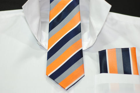 Silk Orange & Blue Stripe Necktie & Hanky Set