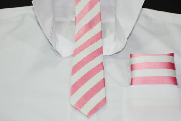 Silk Pink & White Stripe Skinny Tie & Hanky Set
