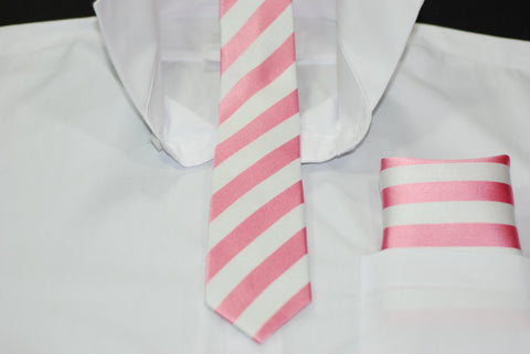 Silk Pink & White Stripe Skinny Tie & Hanky Set