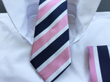 Silk Pink, Blue & Silver Stripe Necktie & Hanky Set