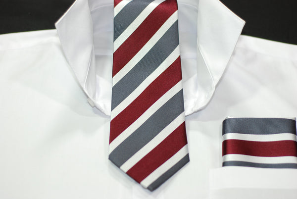 Silk Burgundy, Gray, & Silver Stripe Necktie & Hanky Set