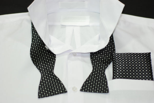 Silk Solid Black Dot Bowtie Tie & Hanky Set