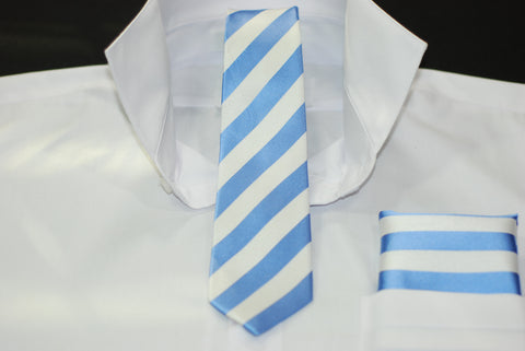 Silk Blue & White Stripe  Skinny Tie & Hanky Set