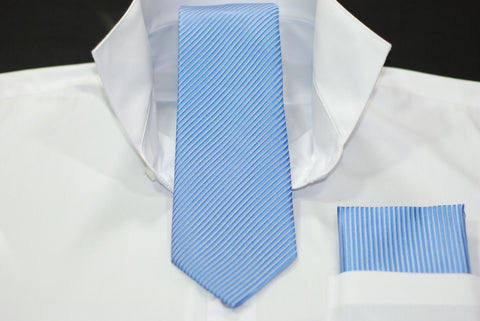 Silk Blue & Silver Stripe Necktie & Hanky Set