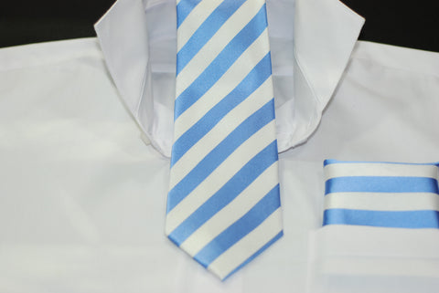 Silk Blue & White Stripe Necktie & Hanky Set